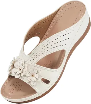 Summer Platform Wedge Sandals for Women Comfortable Slip on Dressy Leather Sandals Trendy Flowers Lightweight Memory Foam Shoes Indoor Outdoor