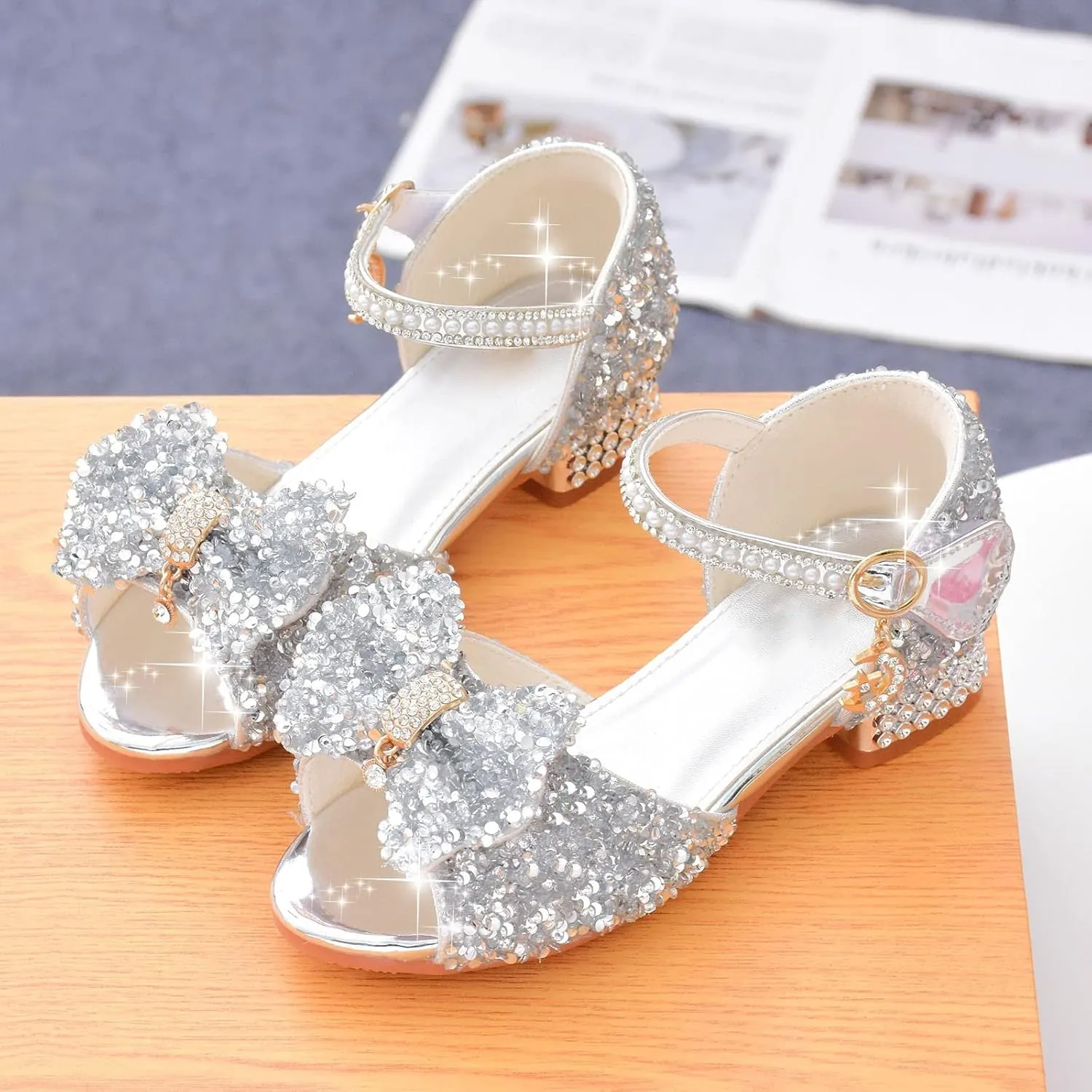 Summer Soft Bottom Breathable Non Slip High Heel Rhinestone Bow Kids Fashion Summer Shoes for Girls Size 2