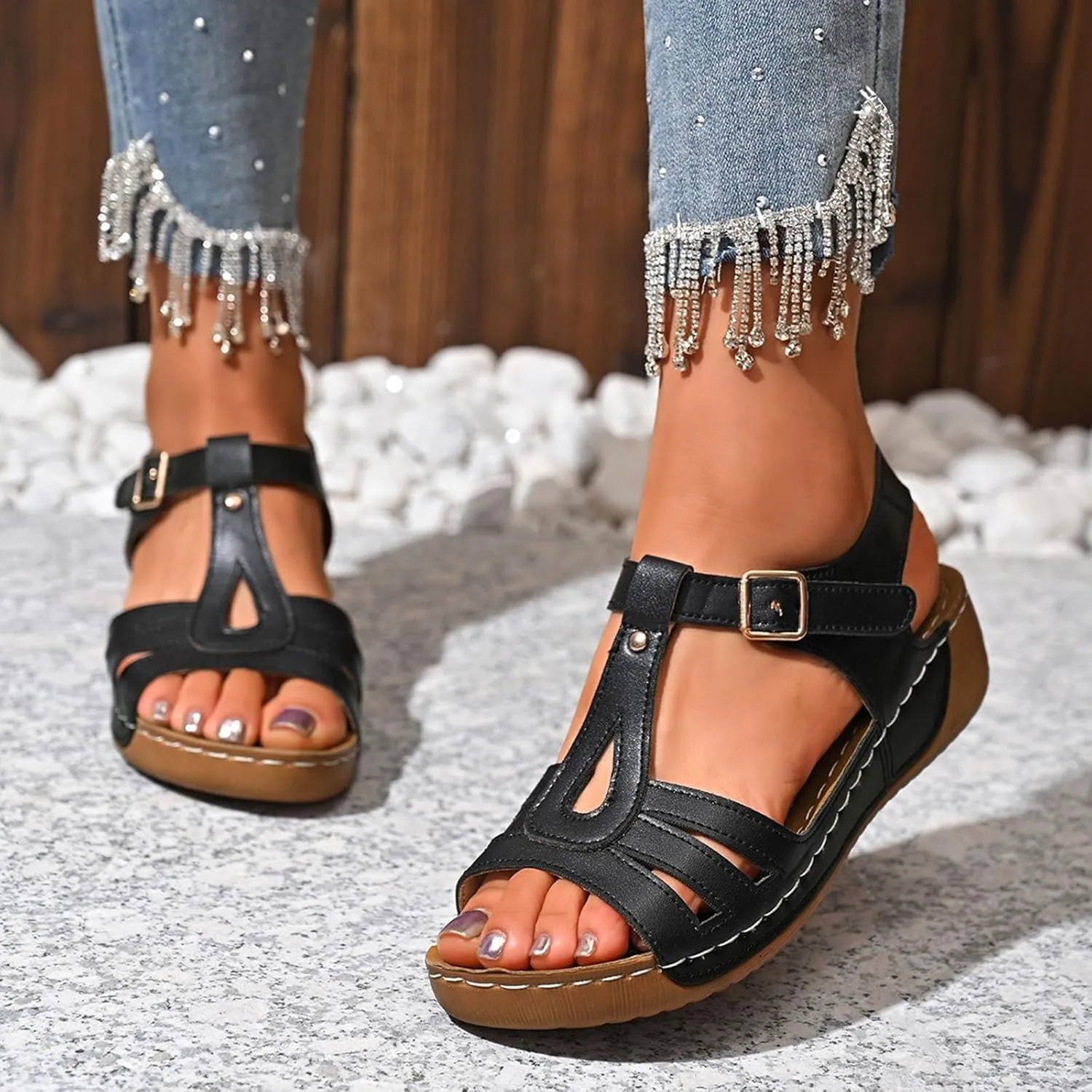 T-Strap Wedge Sandals for Women Dressy Comfort Arch Support Walking Shoes Summer Open Toe Buckle Beach Sandals 2025