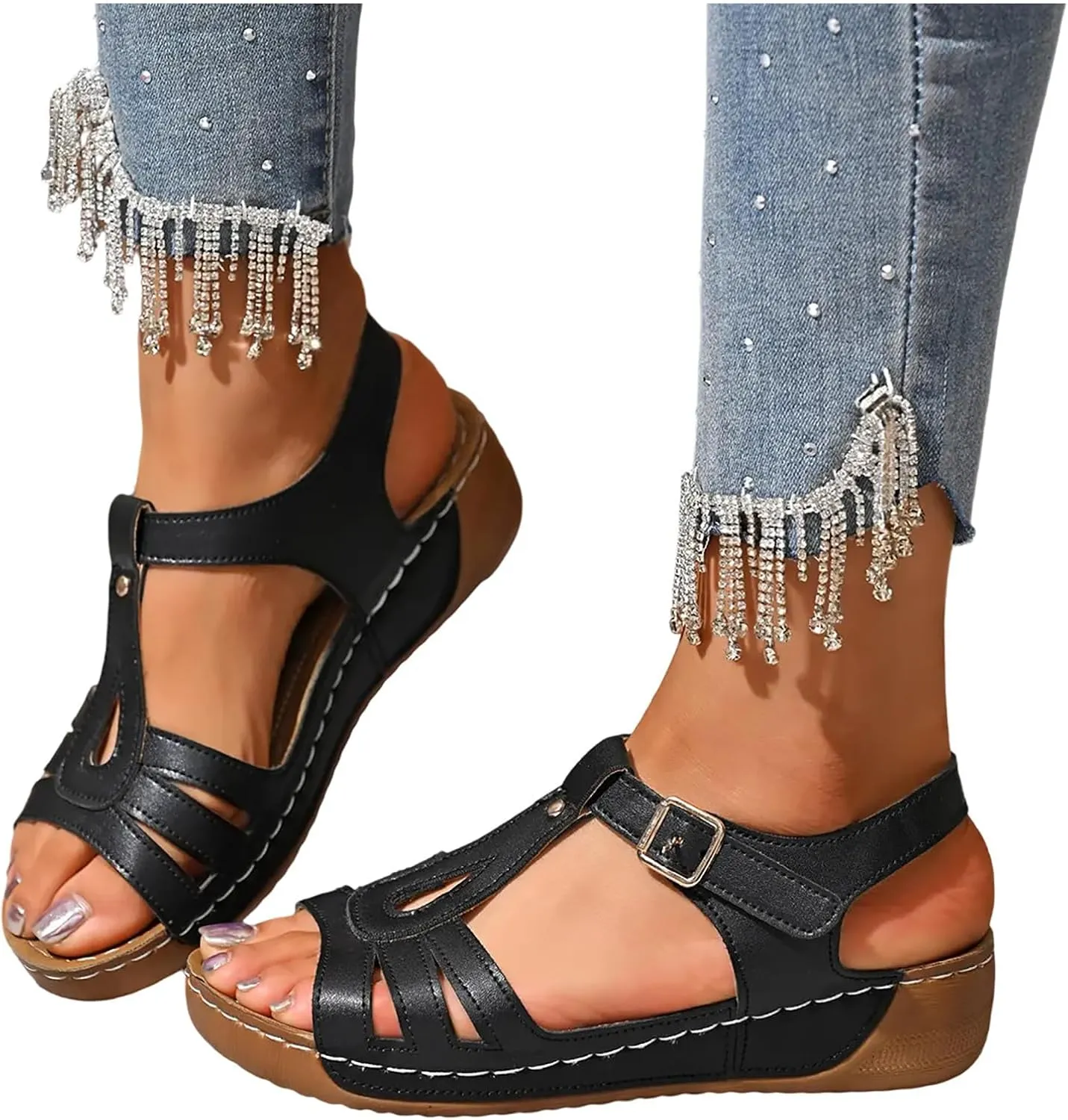 T-Strap Wedge Sandals for Women Dressy Comfort Arch Support Walking Shoes Summer Open Toe Buckle Beach Sandals 2025