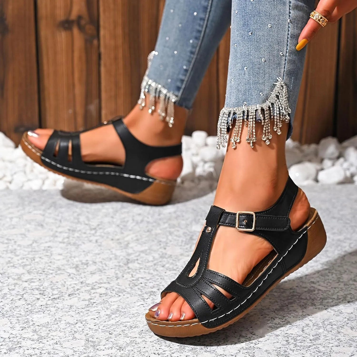 T-Strap Wedge Sandals for Women Dressy Comfort Arch Support Walking Shoes Summer Open Toe Buckle Beach Sandals 2025