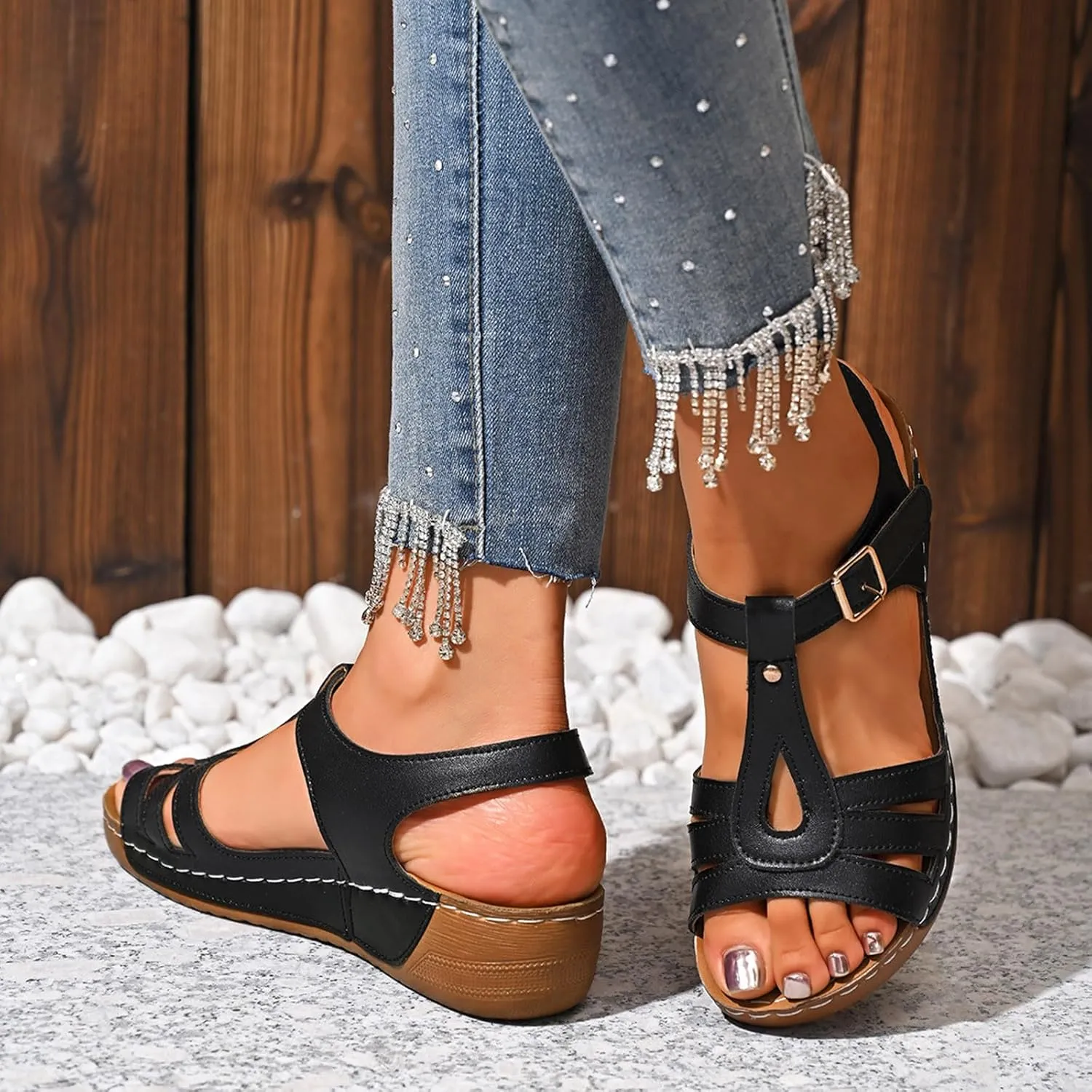 T-Strap Wedge Sandals for Women Dressy Comfort Arch Support Walking Shoes Summer Open Toe Buckle Beach Sandals 2025