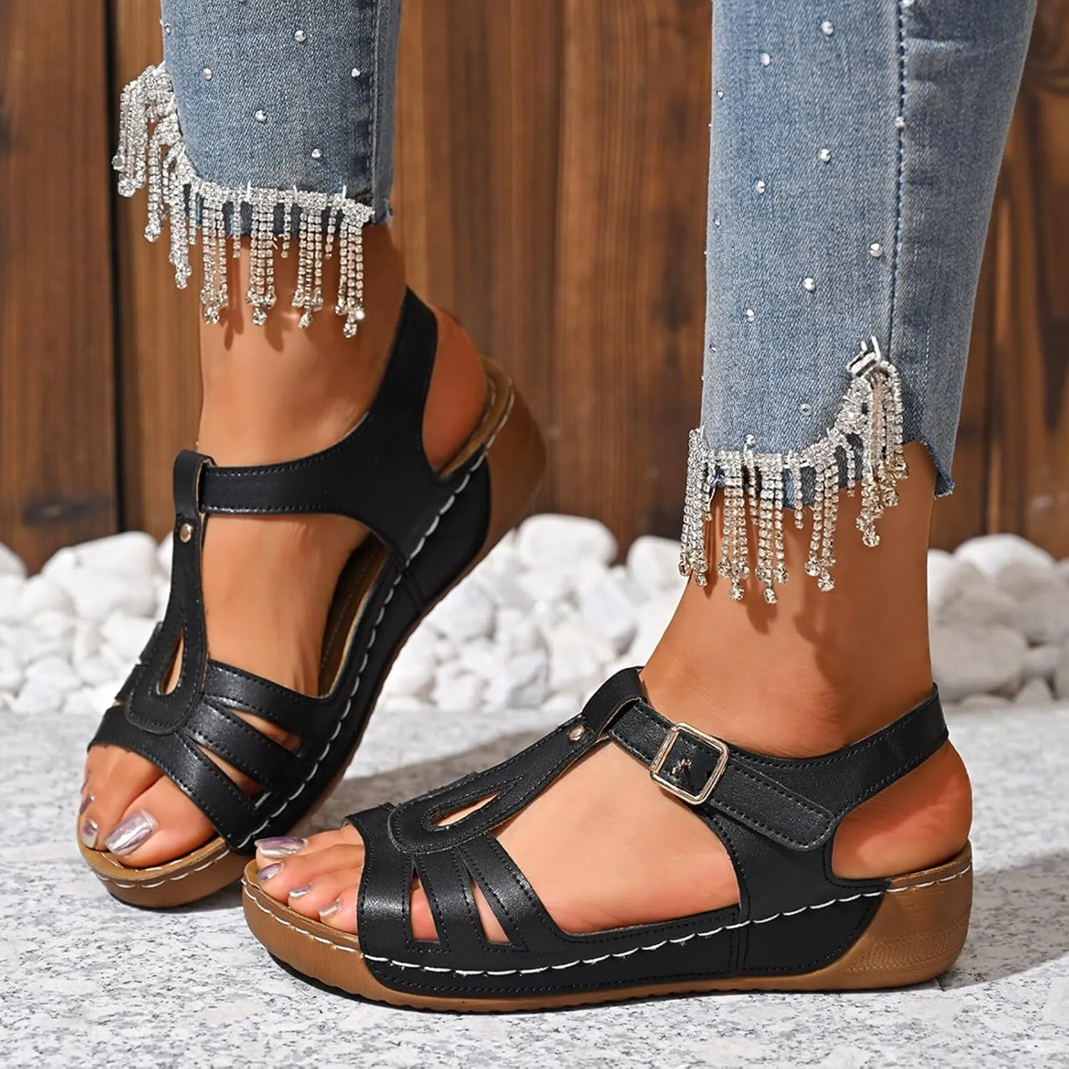 T-Strap Wedge Sandals for Women Dressy Comfort Arch Support Walking Shoes Summer Open Toe Buckle Beach Sandals 2025