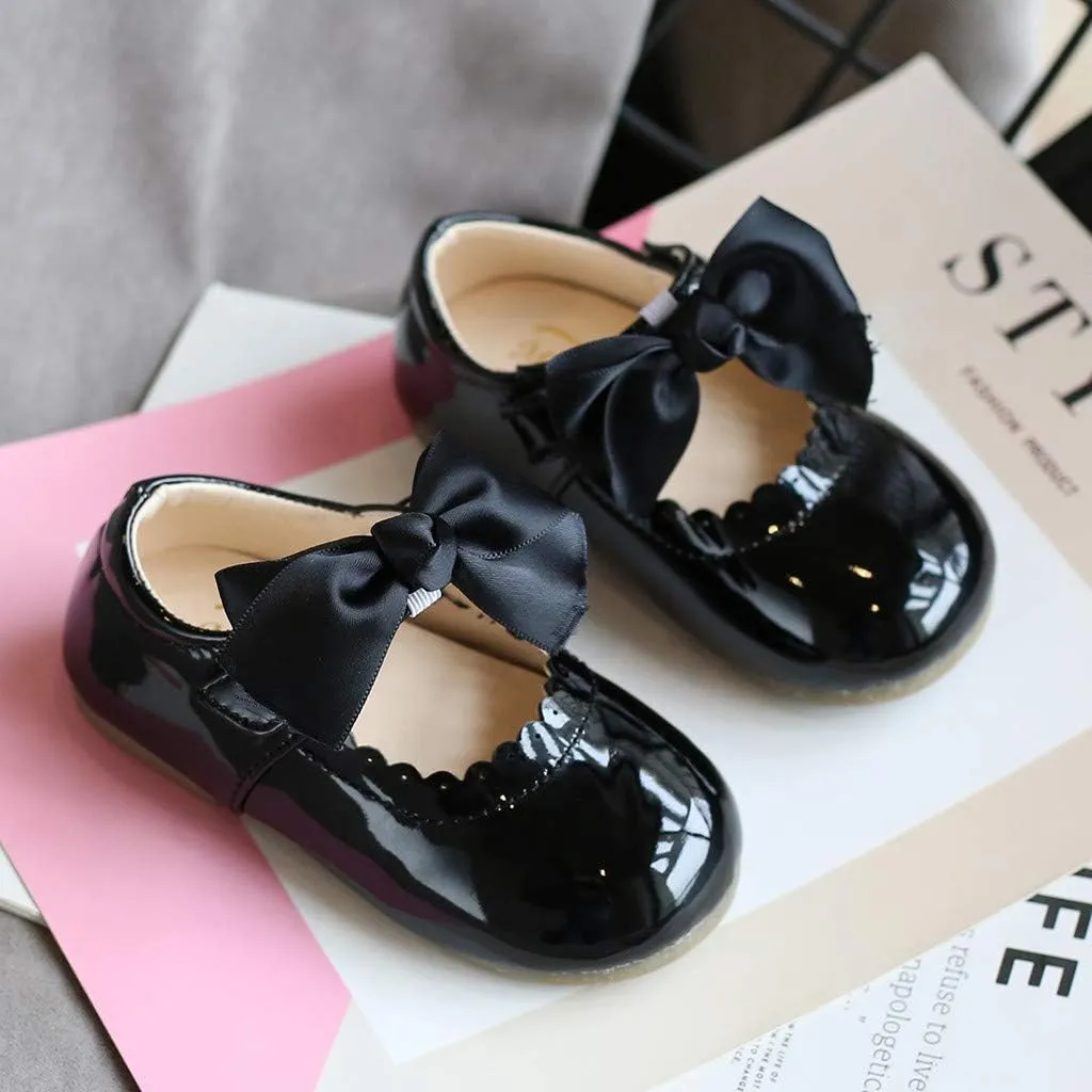 Toddler Girls Leather Mary Jane Shoes with Bow Strap Sole Rubber Ankle Closed Toe Sandals Loafers Lightweight Comfy