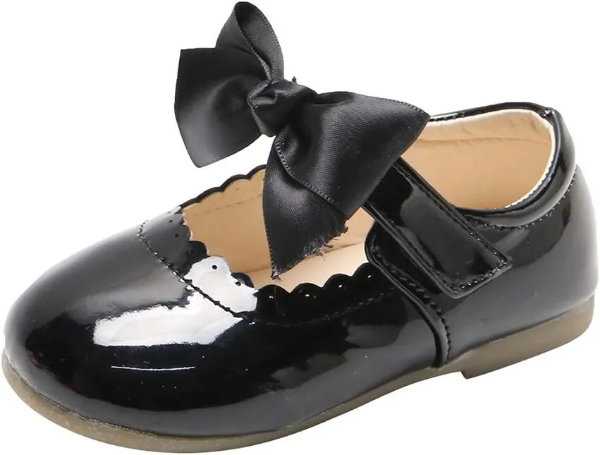 Toddler Girls Leather Mary Jane Shoes with Bow Strap Sole Rubber Ankle Closed Toe Sandals Loafers Lightweight Comfy