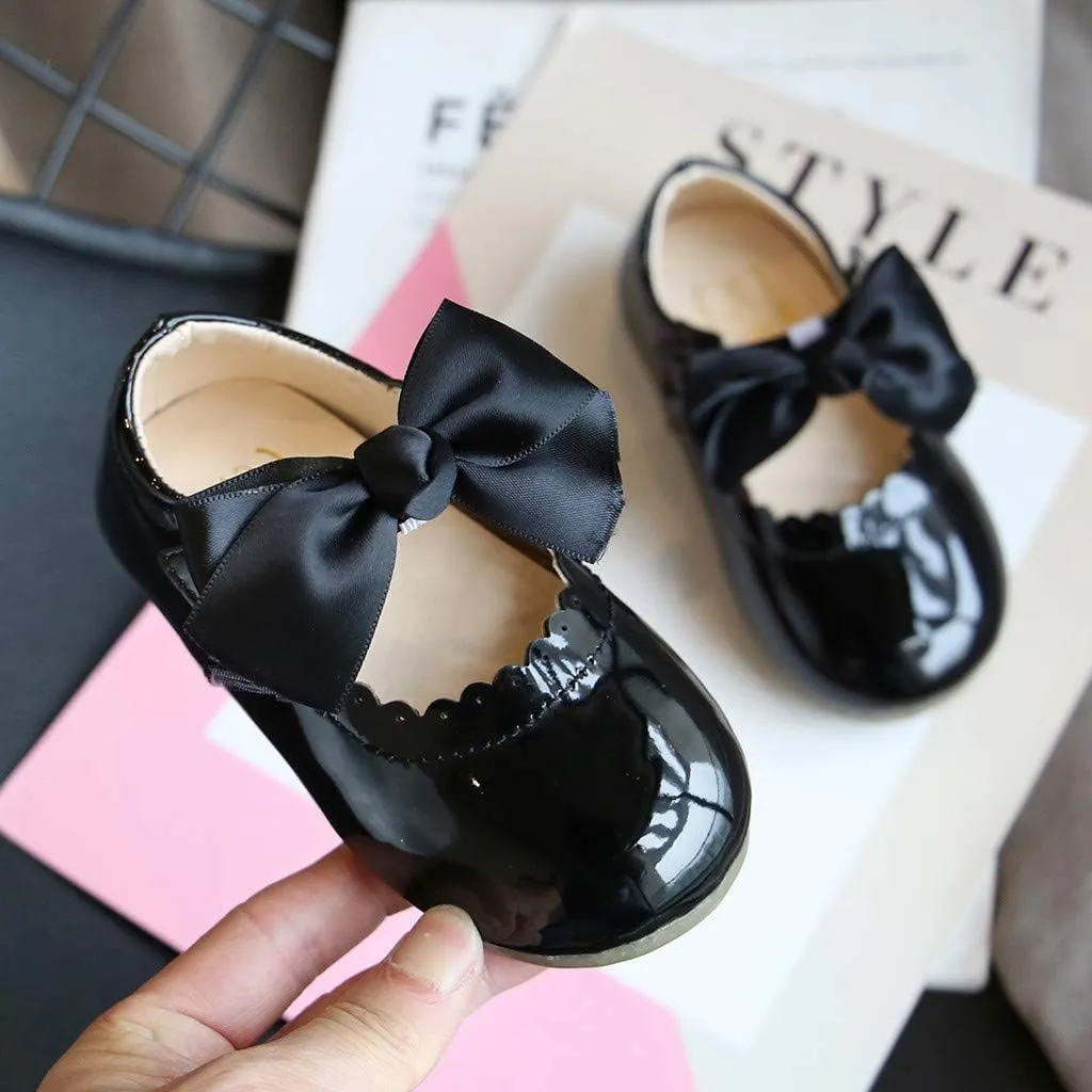 Toddler Girls Leather Mary Jane Shoes with Bow Strap Sole Rubber Ankle Closed Toe Sandals Loafers Lightweight Comfy