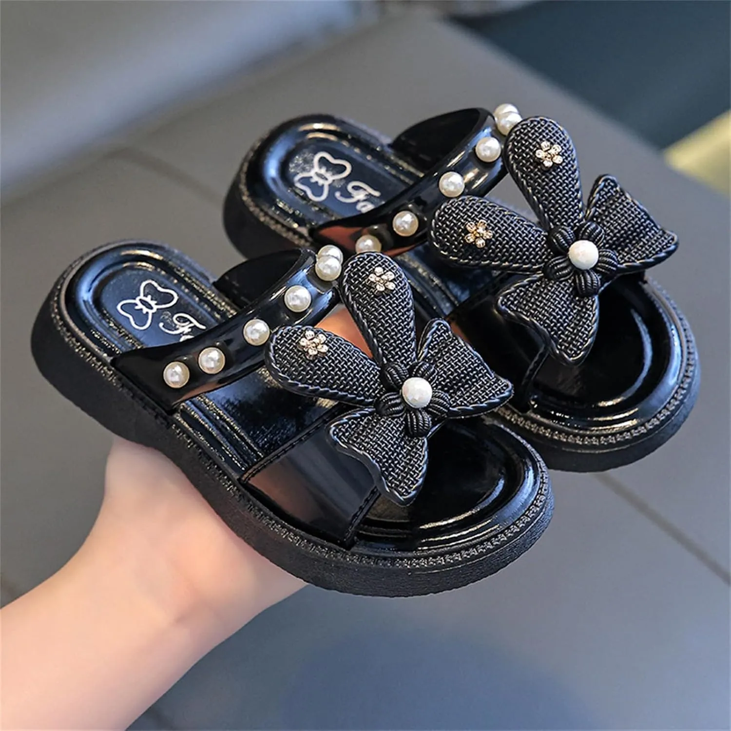 Toddler Girls Sandals Bow Pearl Rubber Sole Summer Shoes Baby Kids Wide Non Slip Pool Slipper Sandals Lightweight Comfy