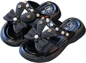 Toddler Girls Sandals Bow Pearl Rubber Sole Summer Shoes Baby Kids Wide Non Slip Pool Slipper Sandals Lightweight Comfy