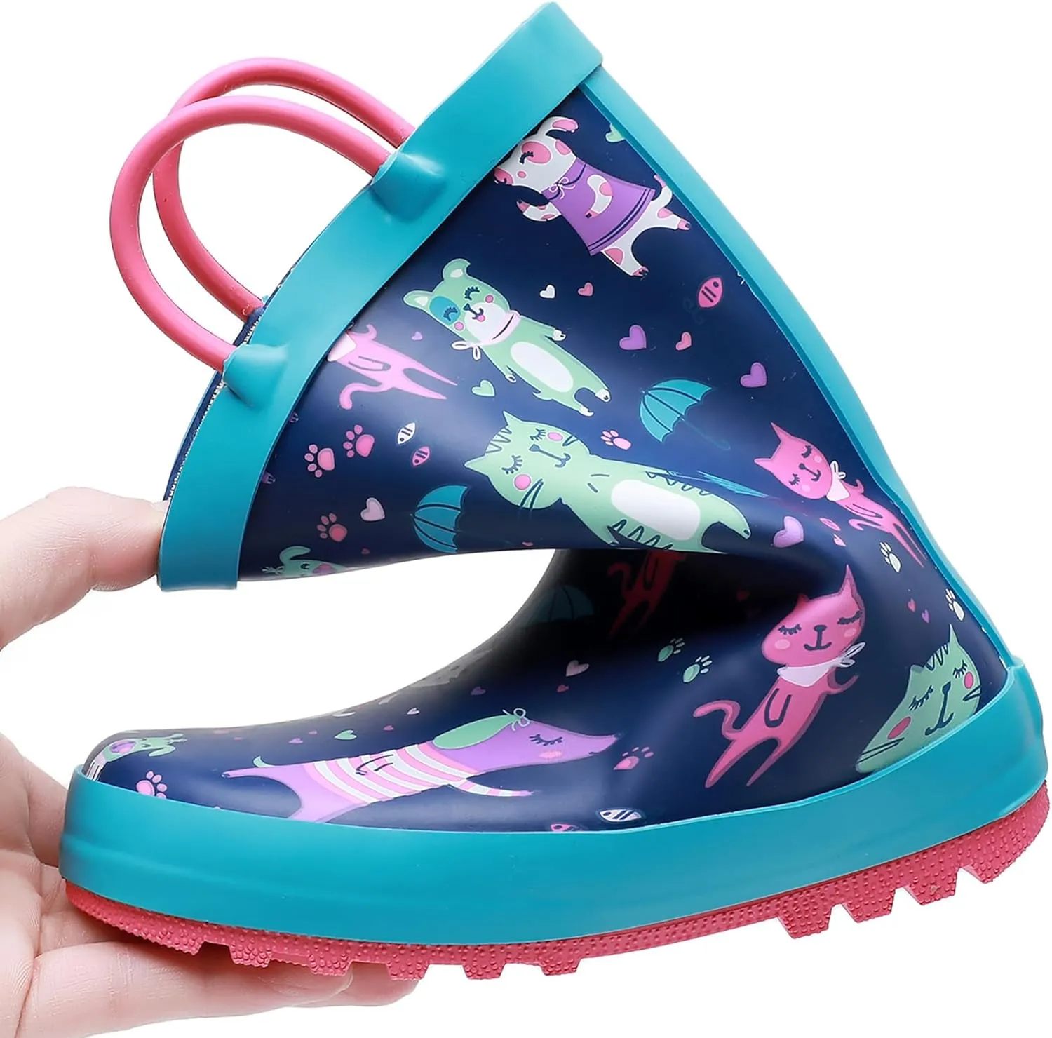 Toddler Rain Boots for Boys and Girls Waterproof Rubber Kids Rain Boots with Easy on Handles All-season