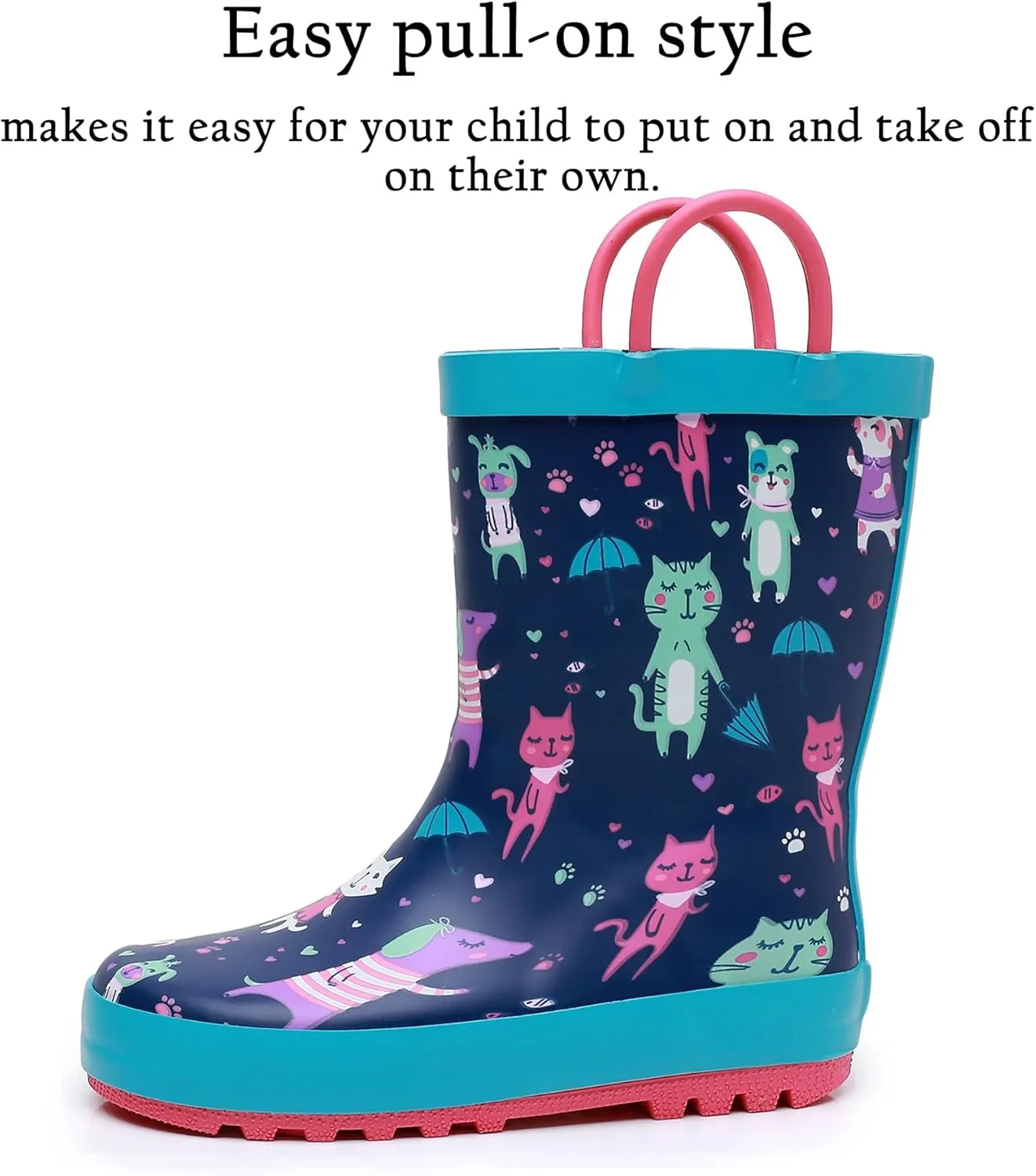Toddler Rain Boots for Boys and Girls Waterproof Rubber Kids Rain Boots with Easy on Handles All-season