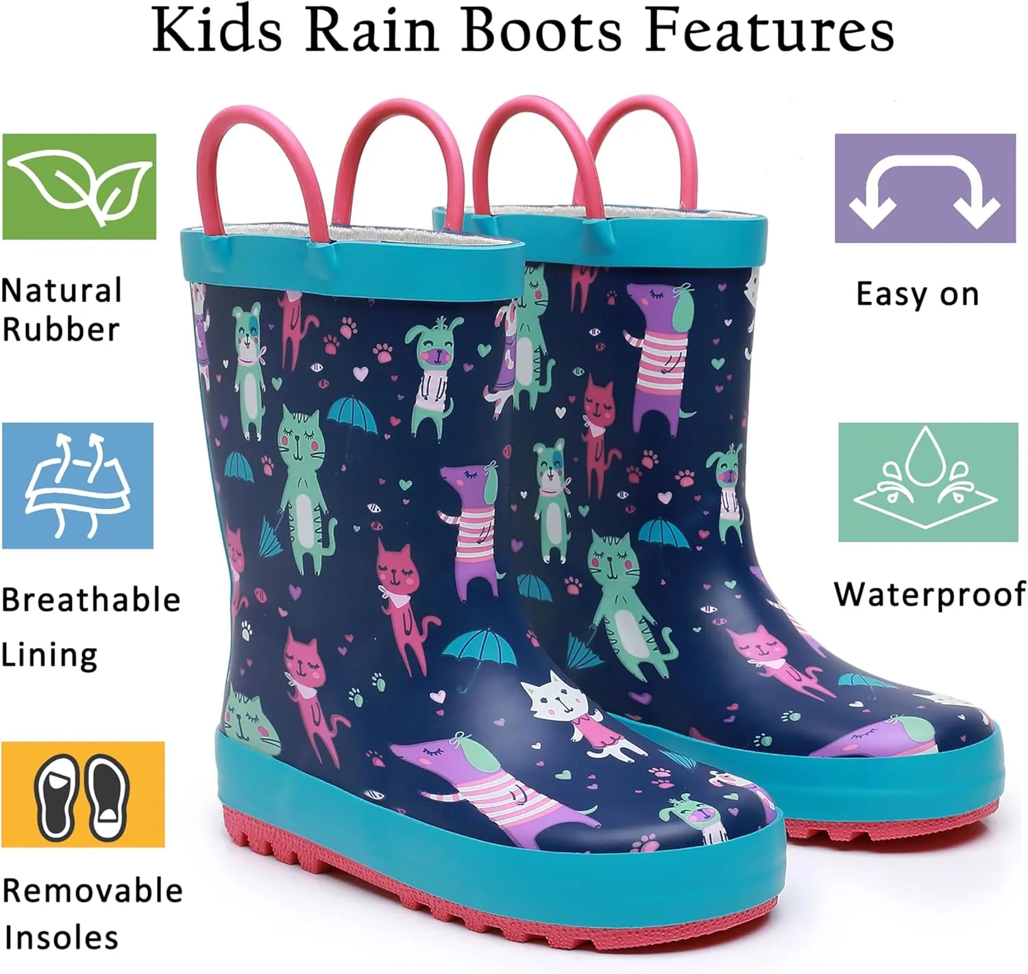 Toddler Rain Boots for Boys and Girls Waterproof Rubber Kids Rain Boots with Easy on Handles All-season