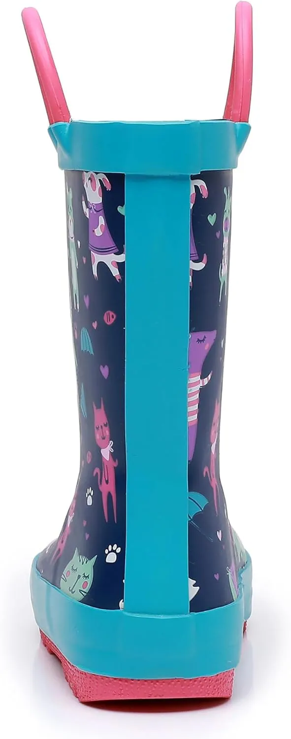 Toddler Rain Boots for Boys and Girls Waterproof Rubber Kids Rain Boots with Easy on Handles All-season