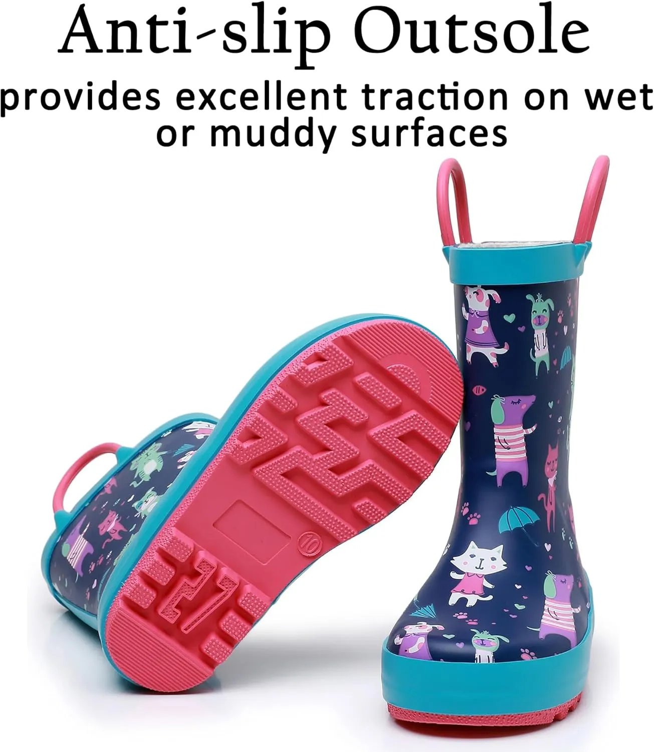 Toddler Rain Boots for Boys and Girls Waterproof Rubber Kids Rain Boots with Easy on Handles All-season