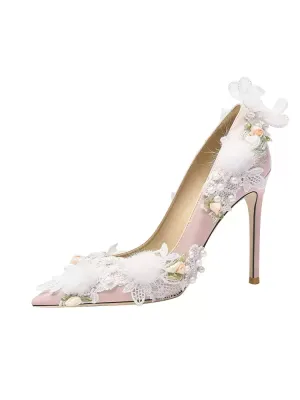 Vintage Inspired Pink Lace and Floral High Heels for Bridal