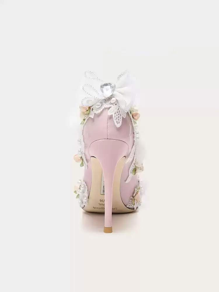 Vintage Inspired Pink Lace and Floral High Heels for Bridal