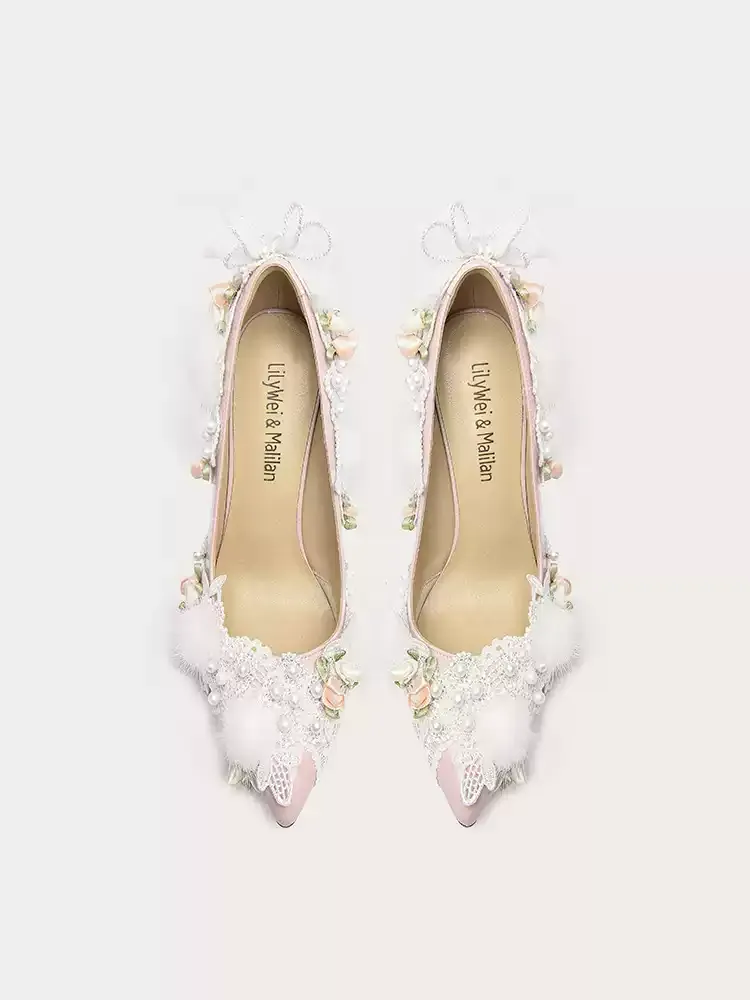 Vintage Inspired Pink Lace and Floral High Heels for Bridal
