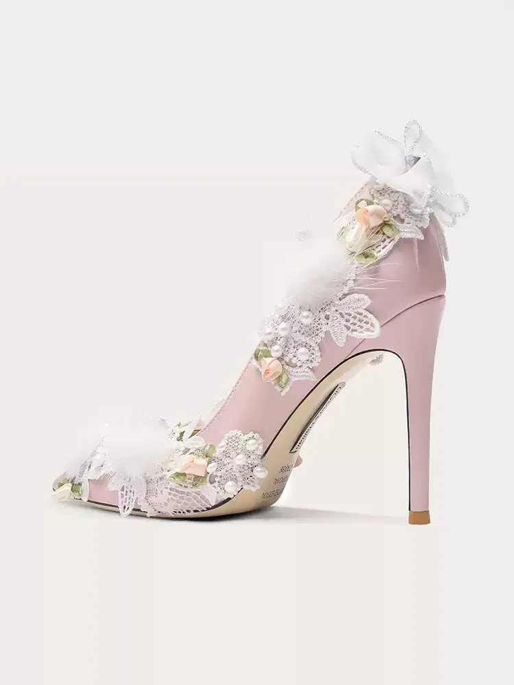 Vintage Inspired Pink Lace and Floral High Heels for Bridal