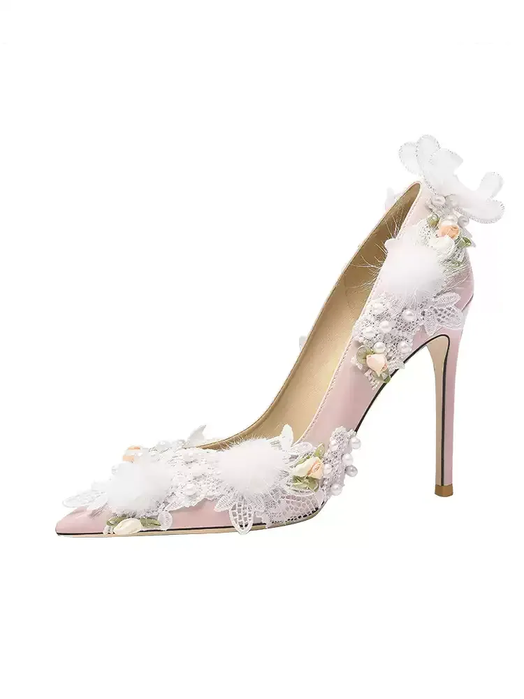 Vintage Inspired Pink Lace and Floral High Heels for Bridal