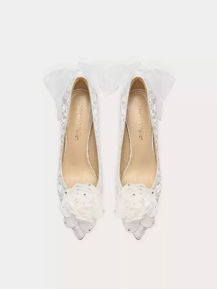 Vintage Inspired White Bridal High Heels with Tassel Detail and Bow