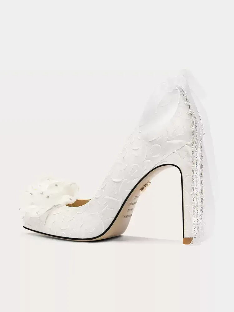 Vintage Inspired White Bridal High Heels with Tassel Detail and Bow
