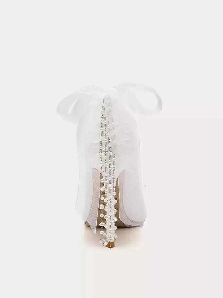 Vintage Inspired White Bridal High Heels with Tassel Detail and Bow