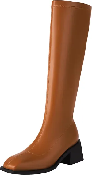 vivianly Women's Fashion Knee High Boots Chunky Block Heel Square Toe Zipper Long Boot