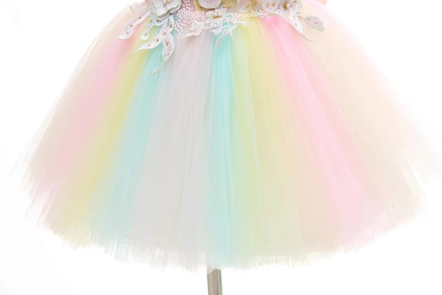 Weileenice Baby Girls Wedding Dress Rainbow Tulle 3D Embroidery Princess Tutu Dresses