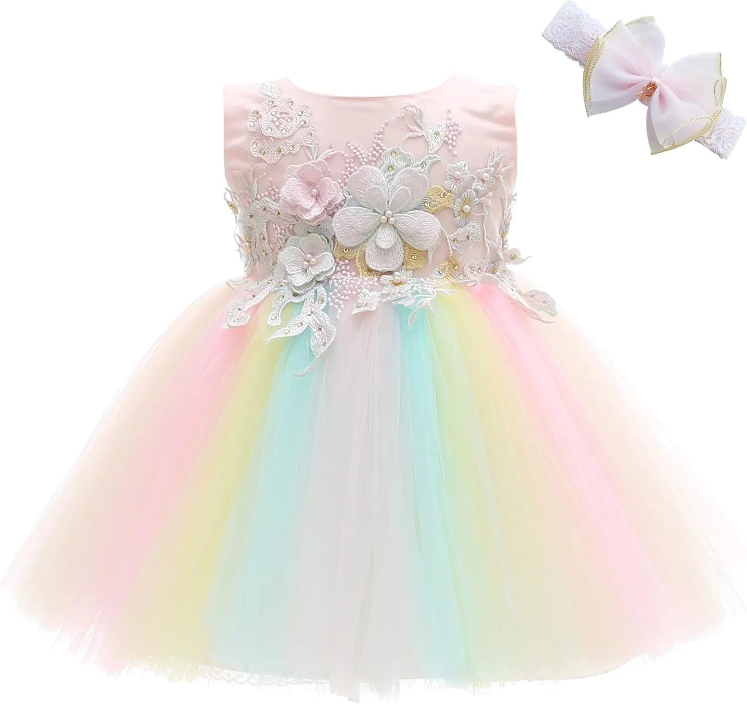 Weileenice Baby Girls Wedding Dress Rainbow Tulle 3D Embroidery Princess Tutu Dresses