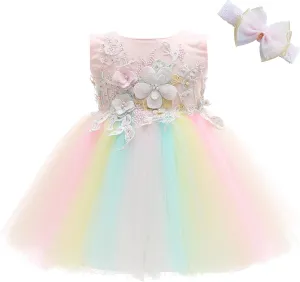 Weileenice Baby Girls Wedding Dress Rainbow Tulle 3D Embroidery Princess Tutu Dresses