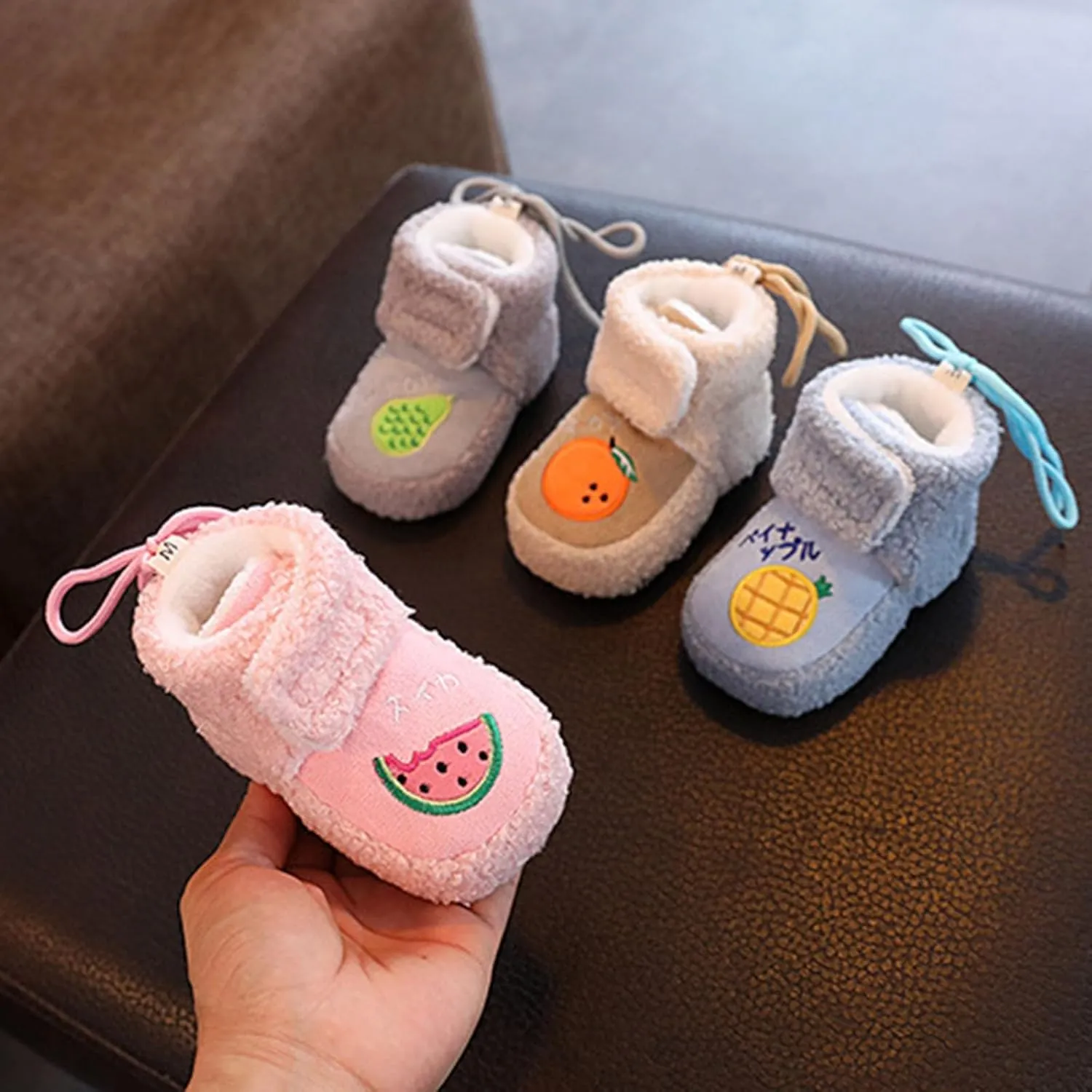 Winter Warm Baby First Walking Boots Cute Fruit Pattern Soft Sole Comfy Anti Slip Shoes Lightweight Breathable