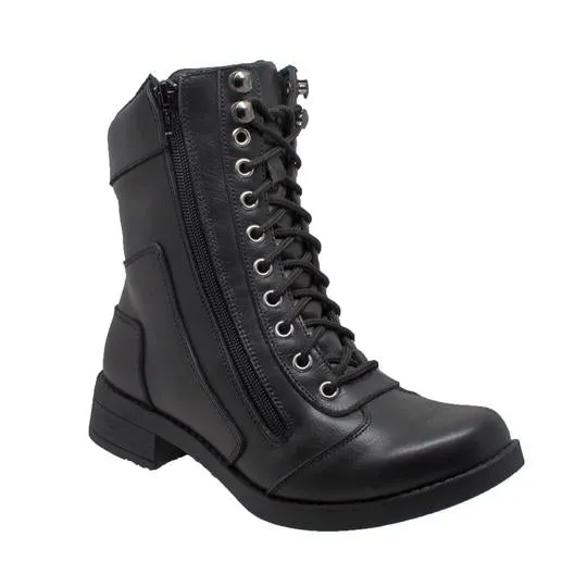 Women's 8" Zipper Biker Boot Black Leather Boots