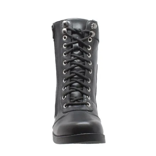Women's 8" Zipper Biker Boot Black Leather Boots