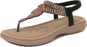 Women's Bohemian Flat Sandals Summer Beach Comfortable Toe Post Elastic Ankle Strap Casual Slippers for Dress and