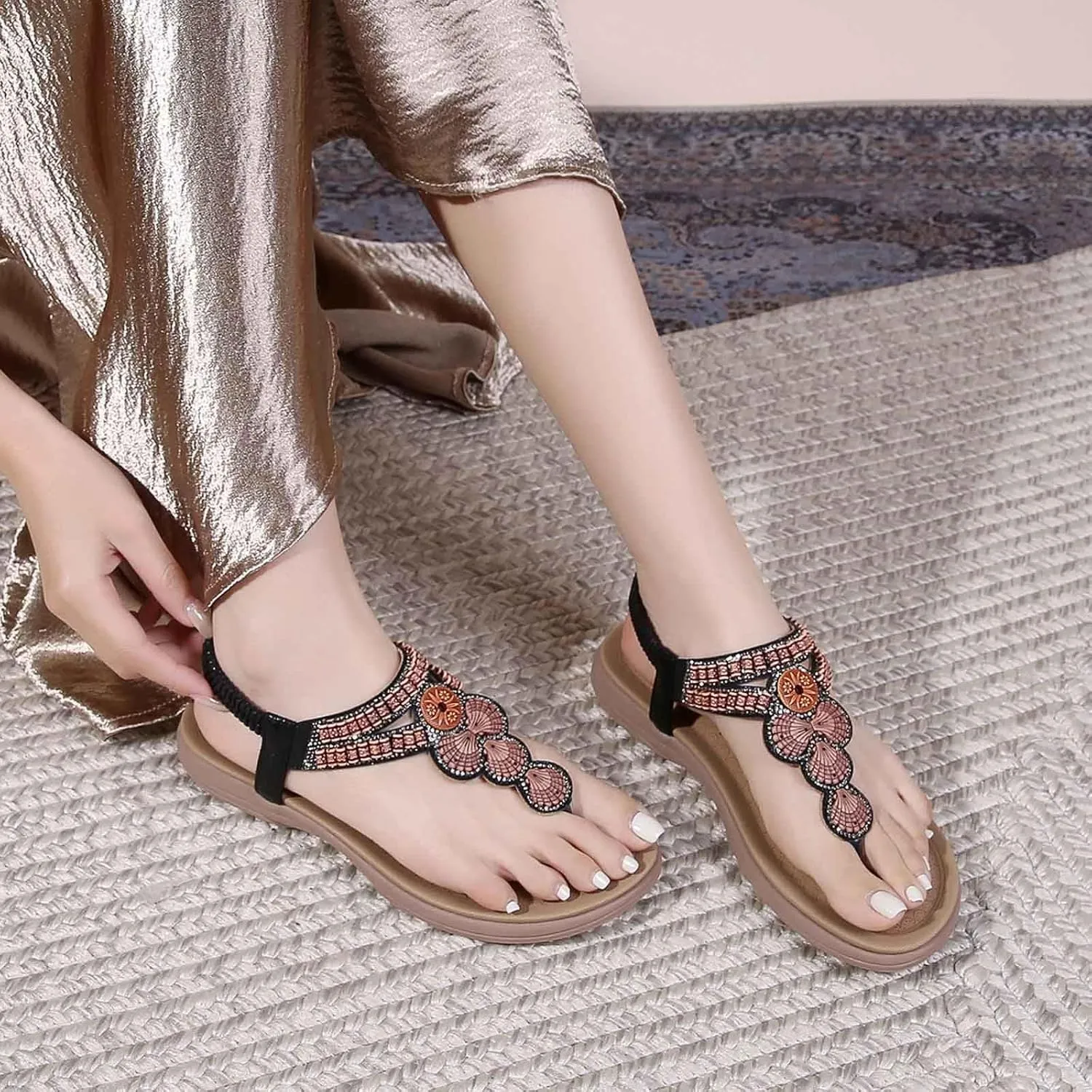 Women's Bohemian Flat Sandals Summer Beach Comfortable Toe Post Elastic Ankle Strap Casual Slippers for Dress and