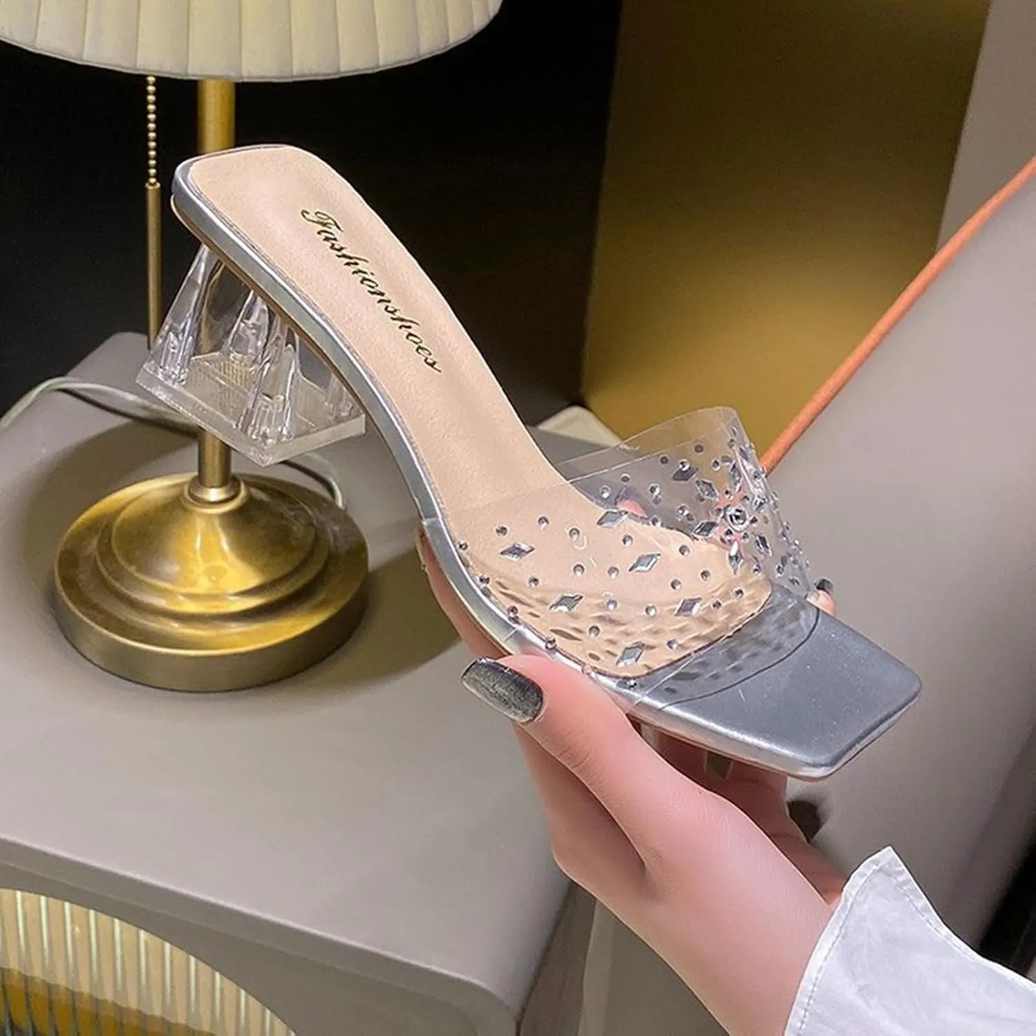 Women'S Clear Rhinestones Anti-Slip Chunky Heels Sandals,Slip on Square Open Toe Mule Heels, Comfortable Dress Prom Wedding Heels Pumps Shoes