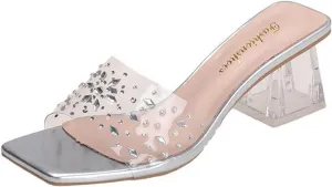 Women'S Clear Rhinestones Anti-Slip Chunky Heels Sandals,Slip on Square Open Toe Mule Heels, Comfortable Dress Prom Wedding Heels Pumps Shoes