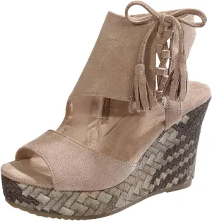Womens Fashion Platform Sandals Summer Slip On Walking High Wedge Sandals Comfortable Casual Dressy Wedges Sandal Tie Lace Up Open Toe Shoes for Women Pretty