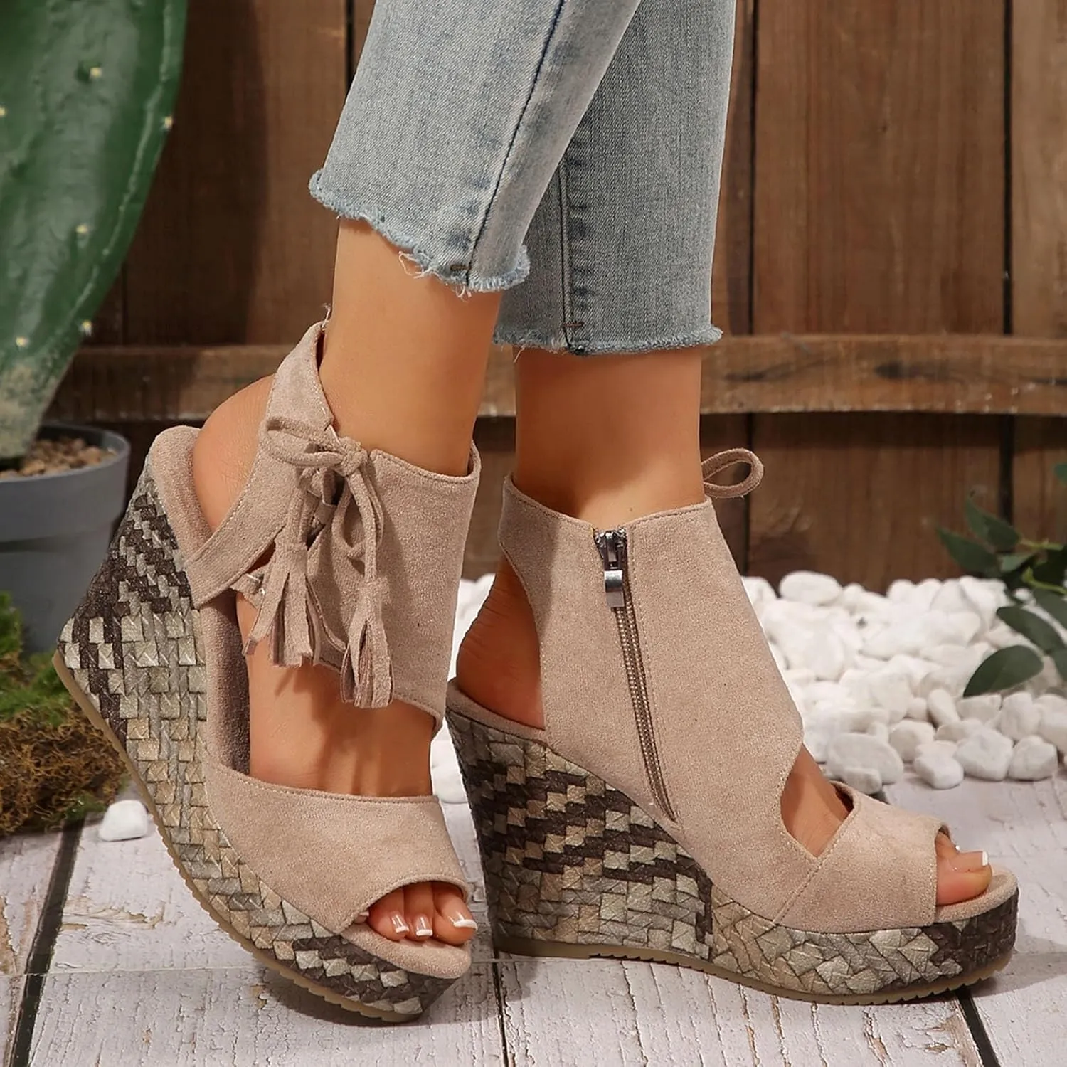 Womens Fashion Platform Sandals Summer Slip On Walking High Wedge Sandals Comfortable Casual Dressy Wedges Sandal Tie Lace Up Open Toe Shoes for Women Pretty