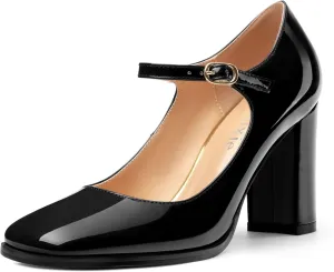 Women's Mary Jane Heels, Chunky Heels Mary Jane Square Toe Pumps One Strap Patent Leather Block High Heels Dress Shoes 3.15 Inch