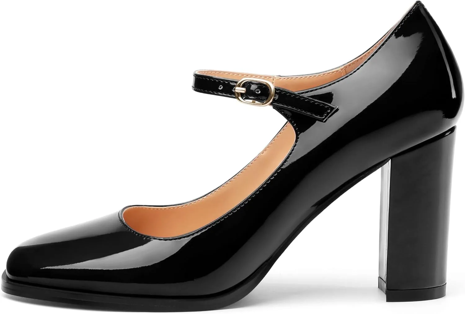 Women's Mary Jane Heels, Chunky Heels Mary Jane Square Toe Pumps One Strap Patent Leather Block High Heels Dress Shoes 3.15 Inch