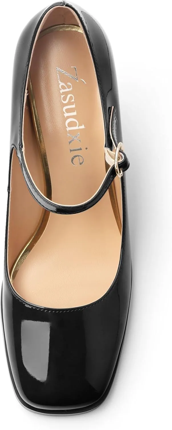 Women's Mary Jane Heels, Chunky Heels Mary Jane Square Toe Pumps One Strap Patent Leather Block High Heels Dress Shoes 3.15 Inch