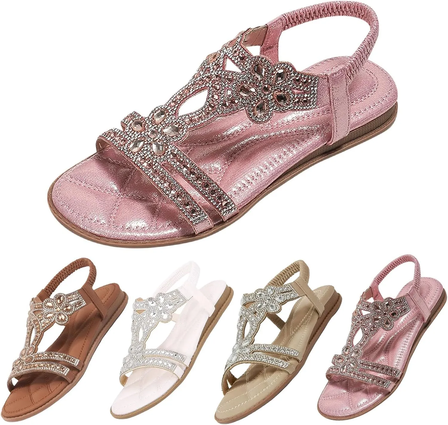 Womens Sandals Shoes Comfort Walking with Non Slip on Summer Beach Shoes Dress Ankle Elastic Jeweled Bohemian Flats