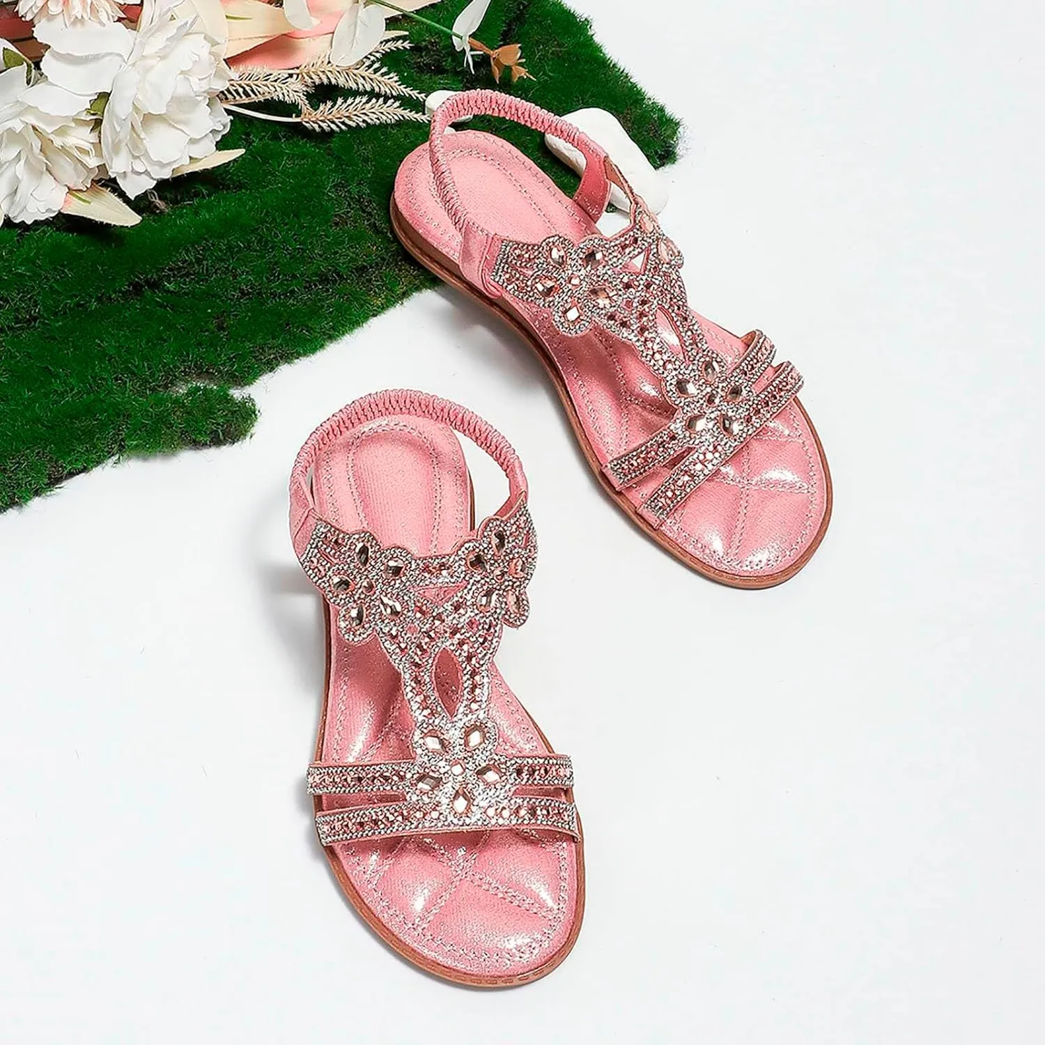 Womens Sandals Shoes Comfort Walking with Non Slip on Summer Beach Shoes Dress Ankle Elastic Jeweled Bohemian Flats