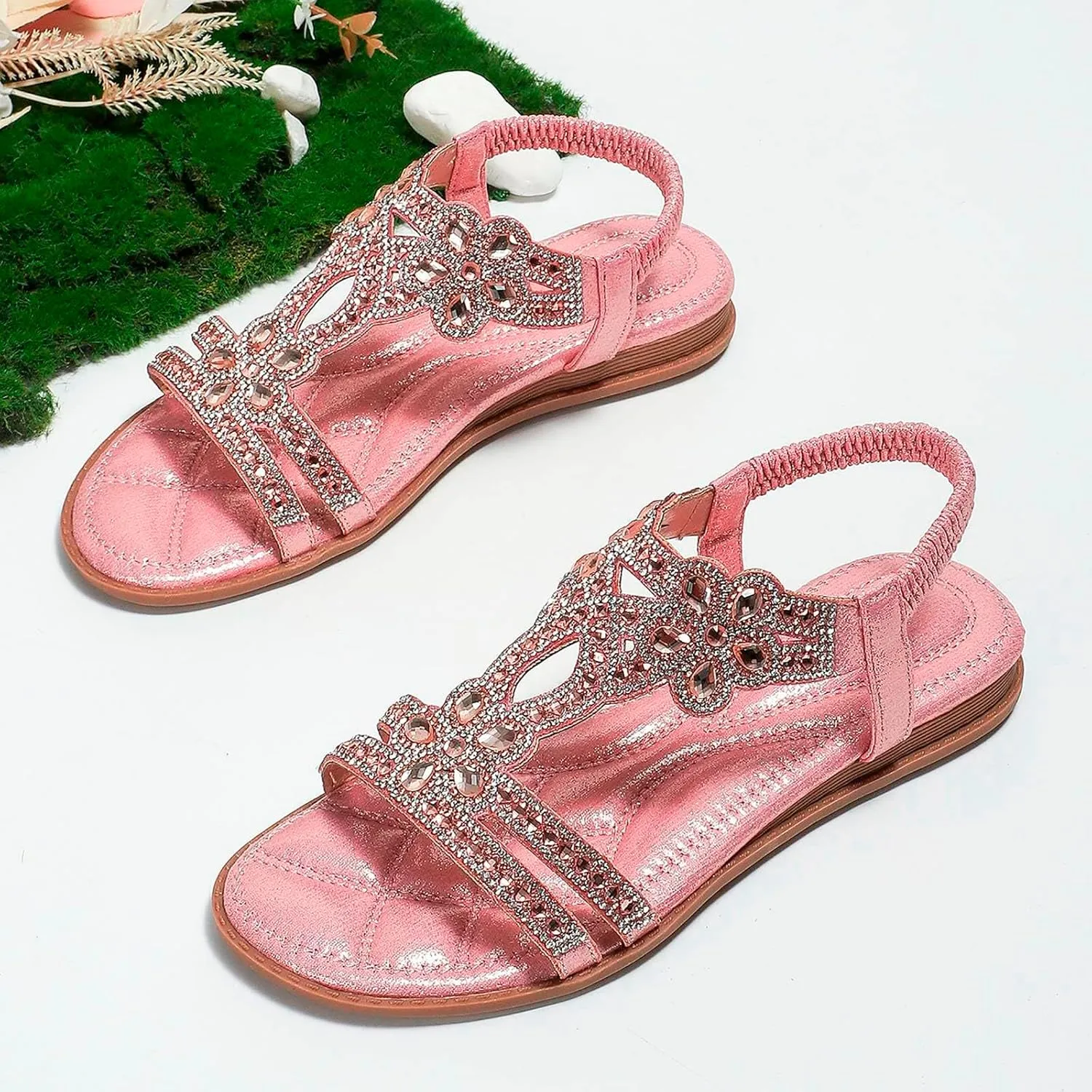Womens Sandals Shoes Comfort Walking with Non Slip on Summer Beach Shoes Dress Ankle Elastic Jeweled Bohemian Flats