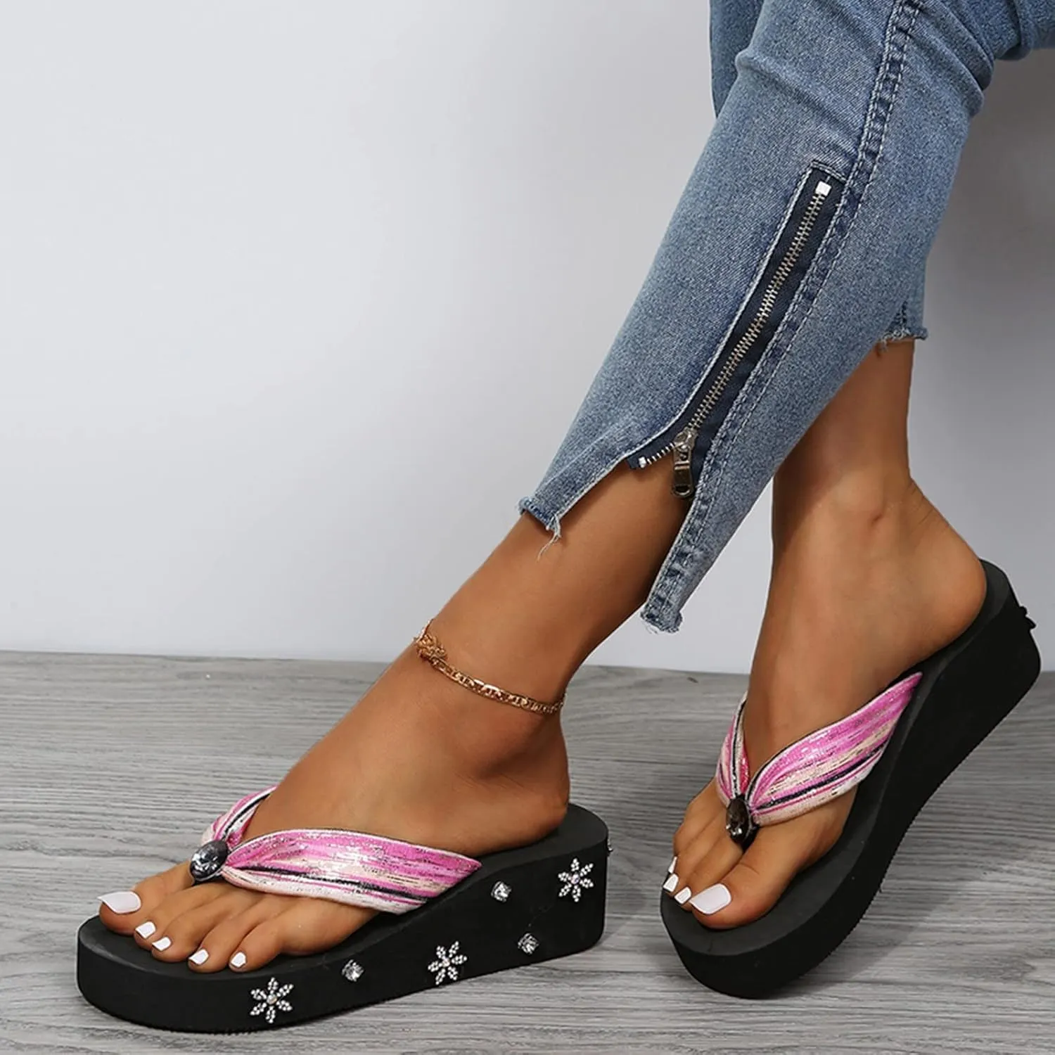 Yanzhenglip Wedge Sandals for Women Women's Summer Flip Flops Casual Rhinestone Butterfly Sandals Outdoor Clip Toe Slippers Beach Shoes Fashion