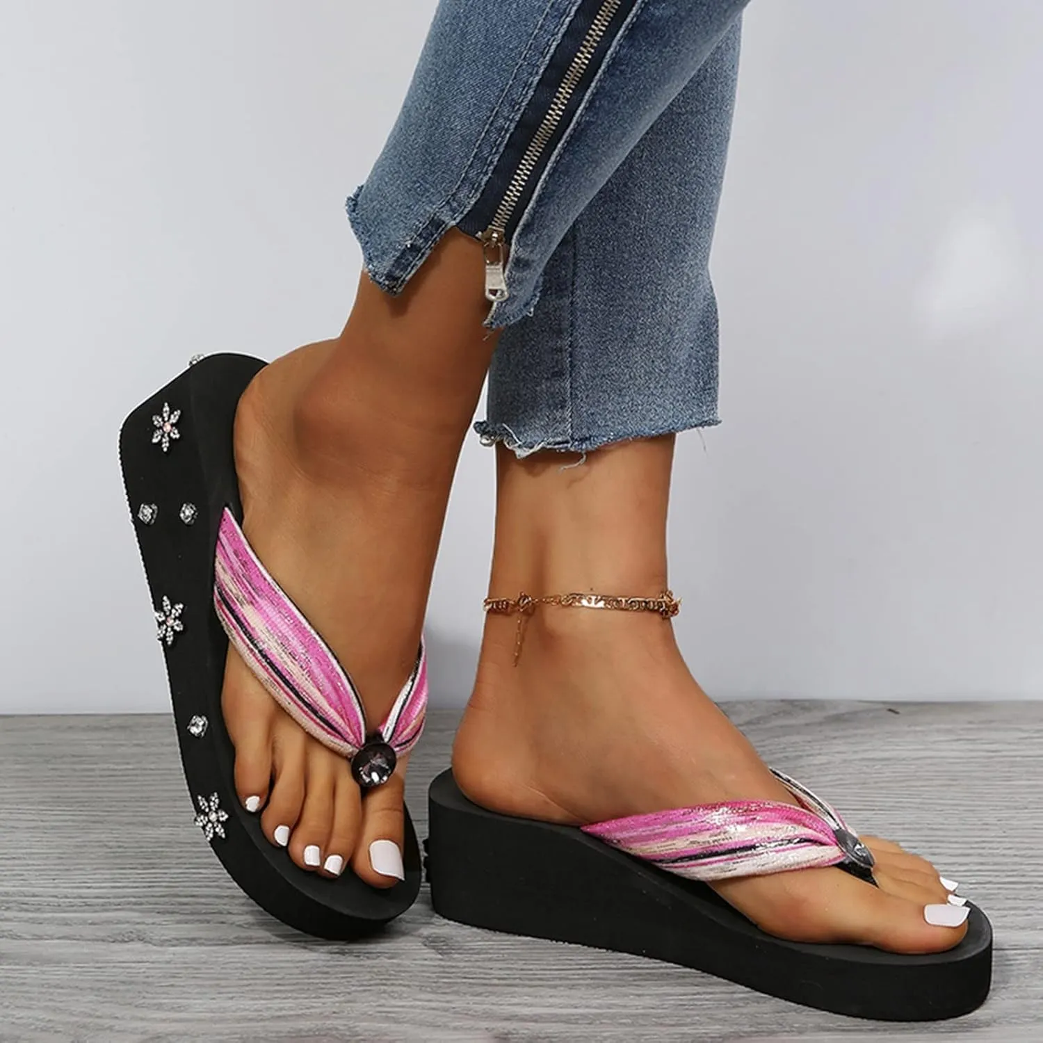 Yanzhenglip Wedge Sandals for Women Women's Summer Flip Flops Casual Rhinestone Butterfly Sandals Outdoor Clip Toe Slippers Beach Shoes Fashion