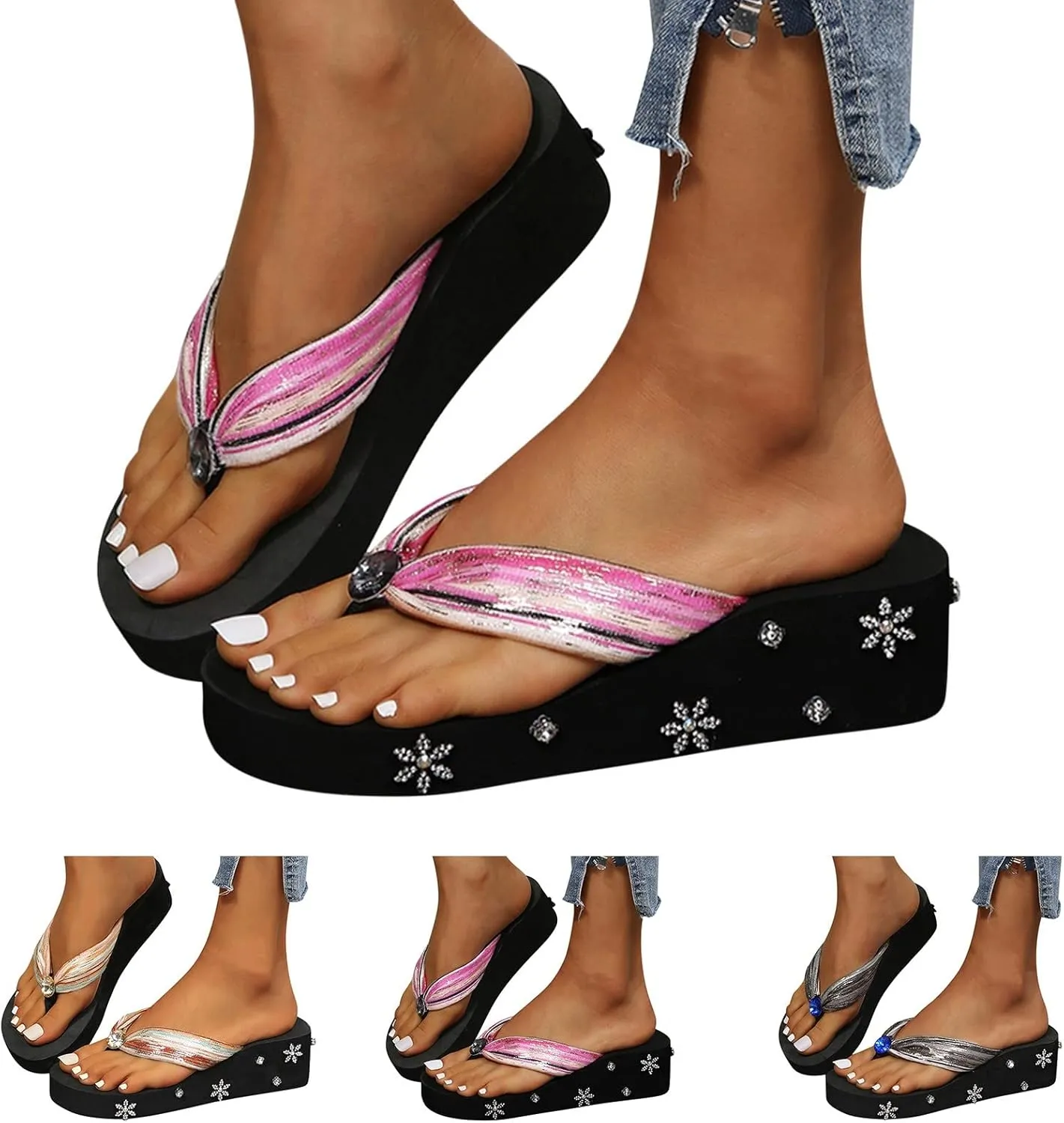 Yanzhenglip Wedge Sandals for Women Women's Summer Flip Flops Casual Rhinestone Butterfly Sandals Outdoor Clip Toe Slippers Beach Shoes Fashion