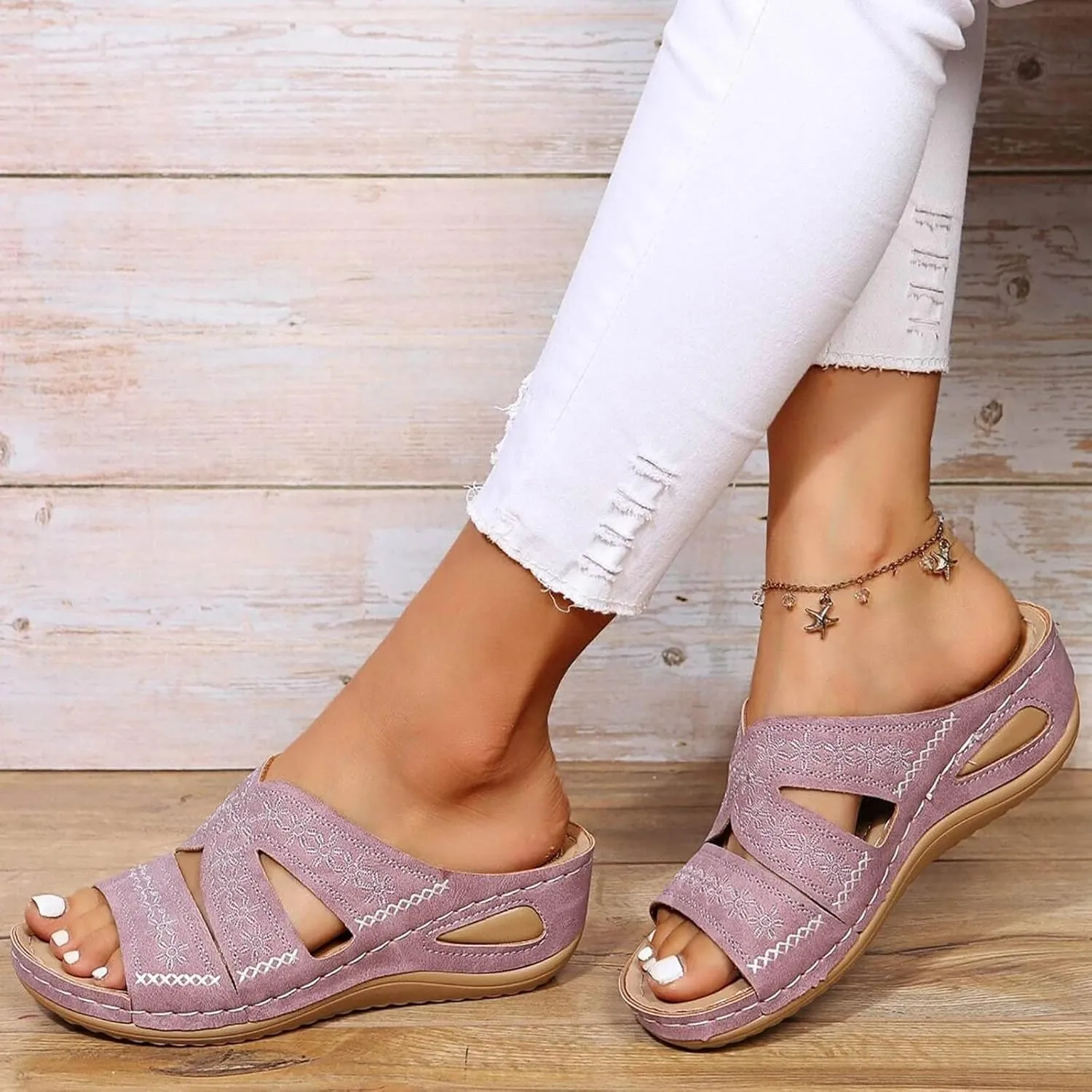 ZSpzx Summer Sandals For Women 2025 Comfortable Orthopedic Wedge Platform Sandals Dressy Hollow Out Open Toe Slippers Casual Boho Slip on Beach Sandals Outdoor Walking Shoes for Daily Wear